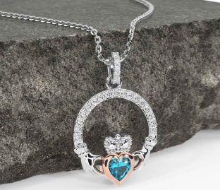 Diamond Topaz White Rose Gold Claddagh Necklace