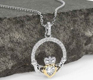 Diamond White Yellow Gold Claddagh Necklace