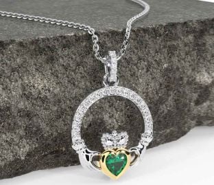 Diamond Emerald White Yellow Gold Claddagh Necklace