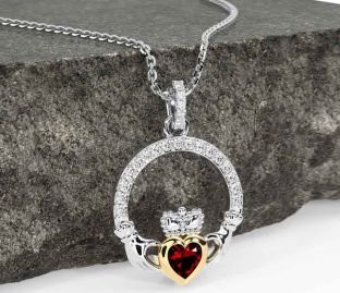 Diamond Garnet White Yellow Gold Claddagh Necklace