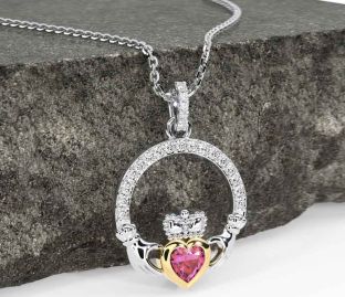 Diamond Pink Tourmaline White Yellow Gold Claddagh Necklace