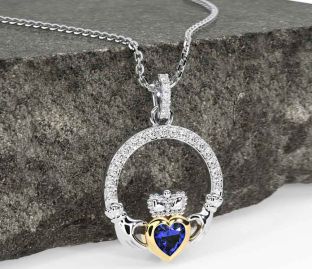 Diamond Sapphire White Yellow Gold Claddagh Necklace