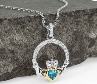 Diamond Topaz White Yellow Gold Claddagh Necklace
