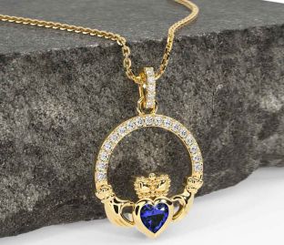 Diamond Sapphire Gold Claddagh Necklace