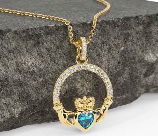 Diamond Topaz Gold Claddagh Necklace