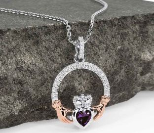 Diamond Alexandrite Rose Gold Silver Claddagh Necklace