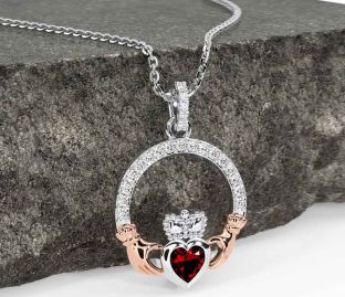Diamond Garnet Rose Gold Silver Claddagh Necklace