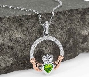Diamond Peridot Rose Gold Silver Claddagh Necklace