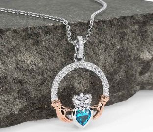 Diamond Topaz Rose Gold Silver Claddagh Necklace