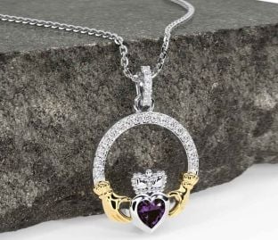 Diamond Alexandrite Gold Silver Claddagh Necklace