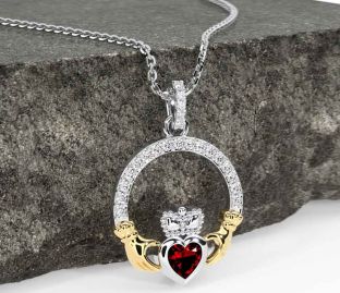 Diamond Garnet Gold Silver Claddagh Necklace