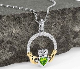 Diamond Peridot Gold Silver Claddagh Necklace
