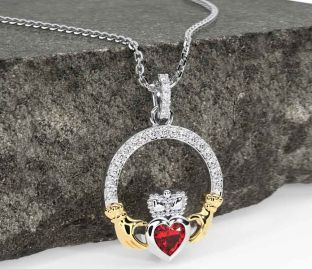 Diamond Ruby Gold Silver Claddagh Necklace