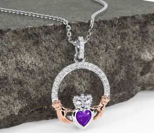 Diamond Amethyst White Rose Gold Claddagh Necklace