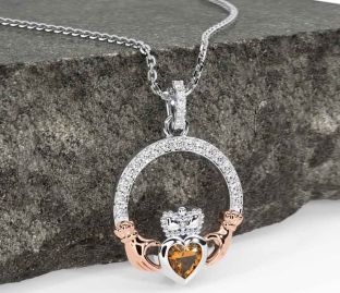 Diamond Citrine White Rose Gold Claddagh Necklace