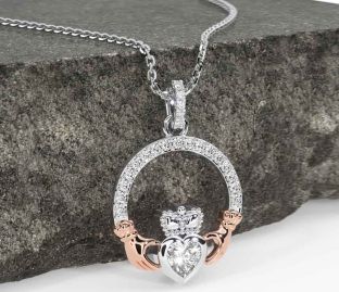 Diamond White Rose Gold Claddagh Necklace