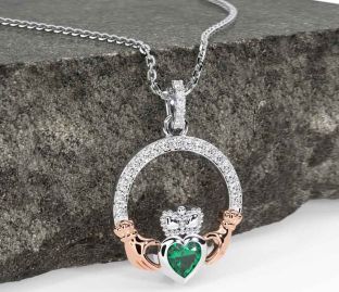 Diamond Emerald White Rose Gold Claddagh Necklace