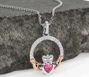Diamond Pink Tourmaline White Rose Gold Claddagh Necklace