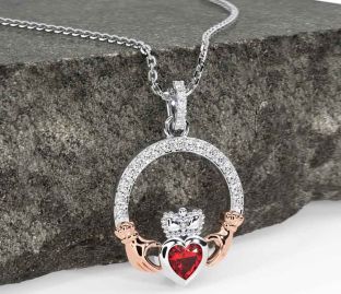 Diamond Ruby White Rose Gold Claddagh Necklace