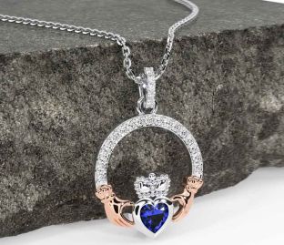 Diamond Sapphire White Rose Gold Claddagh Necklace