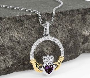 Diamond Alexandrite White Yellow Gold Claddagh Necklace