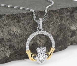 Diamond White Yellow Gold Claddagh Necklace