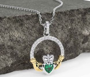 Diamond Emerald White Yellow Gold Claddagh Necklace