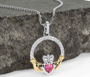 Diamond Pink Tourmaline White Yellow Gold Claddagh Necklace