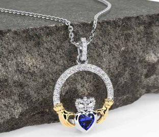 Diamond Sapphire White Yellow Gold Claddagh Necklace
