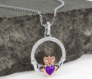 Diamond Amethyst Rose Gold Silver Claddagh Necklace