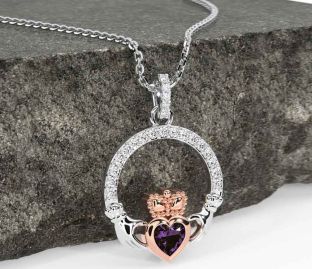 Diamond Alexandrite Rose Gold Silver Claddagh Necklace