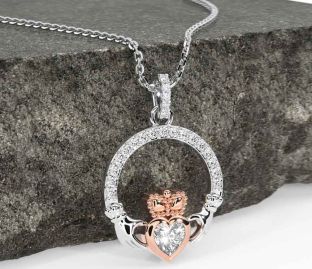 Diamond Rose Gold Silver Claddagh Necklace