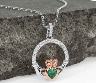 Diamond Emerald Rose Gold Silver Claddagh Necklace