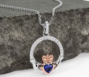 Diamond Sapphire Rose Gold Silver Claddagh Necklace