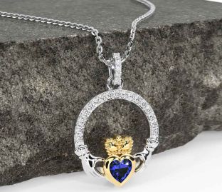 Diamond Sapphire Gold Silver Claddagh Necklace