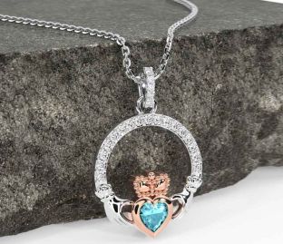 Diamond Aquamarine Rose Gold Silver Claddagh Necklace