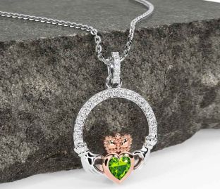 Diamante Peridoto Rosa Oro Argento Claddagh Collana