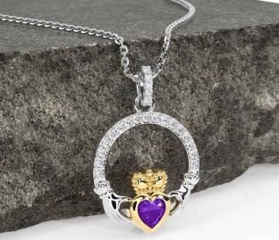 Diamond Amethyst Gold Silver Claddagh Necklace