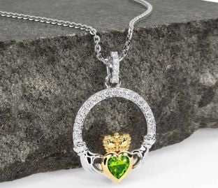 Diamond Peridot Gold Silver Claddagh Necklace