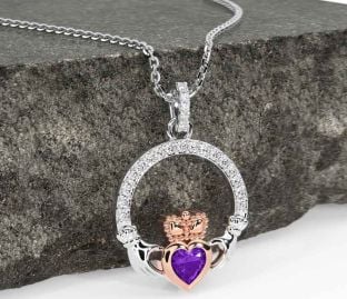 Diamond Amethyst White Rose Gold Claddagh Necklace