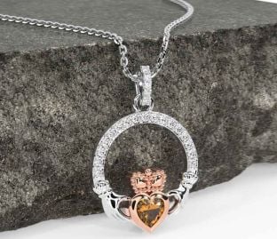 Diamond Citrine White Rose Gold Claddagh Necklace