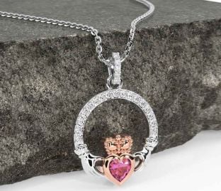 Diamond Pink Tourmaline White Rose Gold Claddagh Necklace