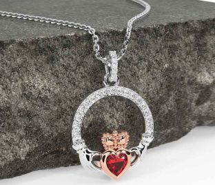 Diamond Ruby White Rose Gold Claddagh Necklace