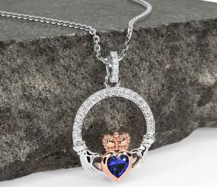 Diamond Sapphire White Rose Gold Claddagh Necklace