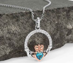 Diamond Topaz White Rose Gold Claddagh Necklace