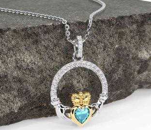 Diamond Aquamarine White Yellow Gold Claddagh Necklace