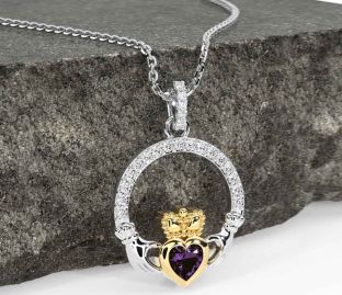 Diamond Alexandrite White Yellow Gold Claddagh Necklace