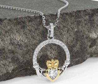 Diamond White Yellow Gold Claddagh Necklace