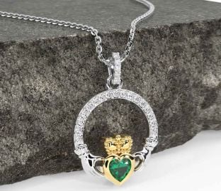 Diamond Emerald White Yellow Gold Claddagh Necklace