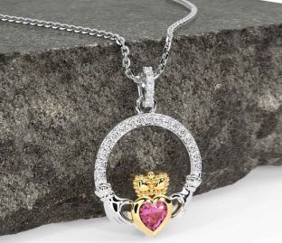 Diamond Pink Tourmaline White Yellow Gold Claddagh Necklace